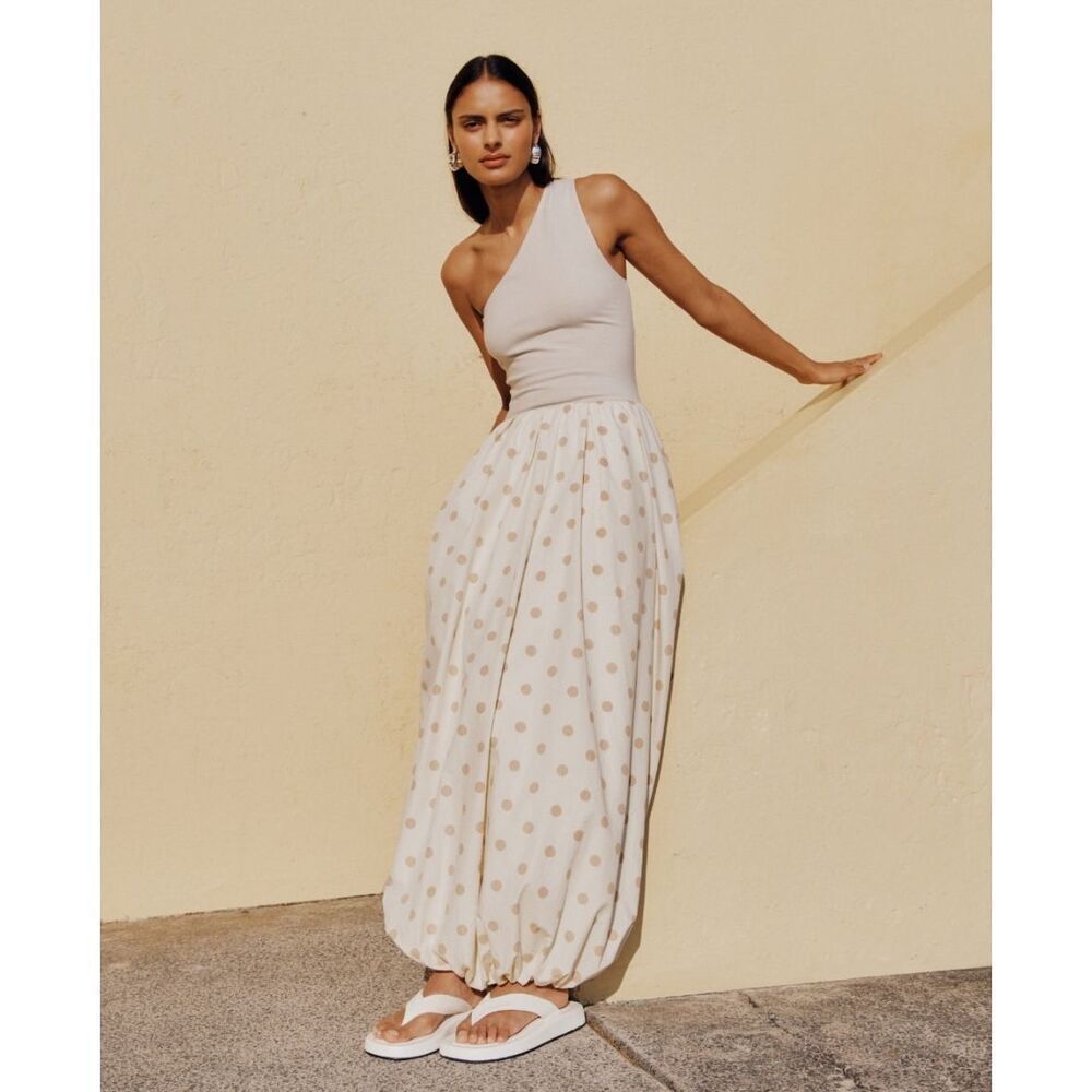 SWF One Shoulder Polka Dot Balloon Hem Maxi Dress vacation Cocktail size S NWT